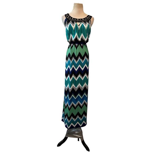 AB Studio blue green zig zag print sleeveless maxi dress size Small - Picture 8 of 11